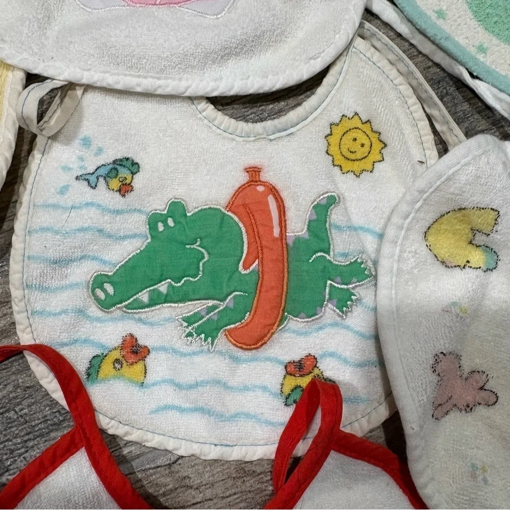 Lot Of 7 Vtg Baby Bibs 90s Terry Cloth Playskool Animals Bear Alligator Hippo